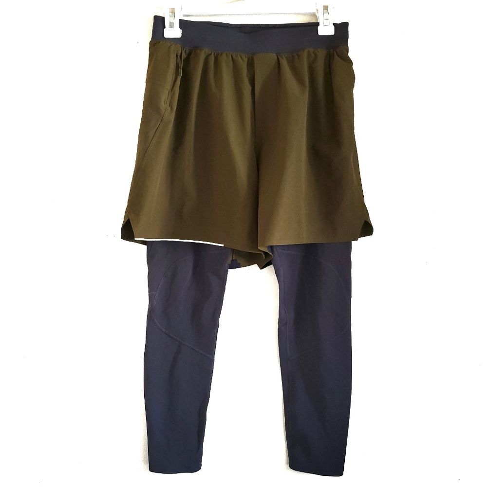 Lululemon Athletica Surge Tight Short Combo 2-in-1 Olive Gray Pocket Small